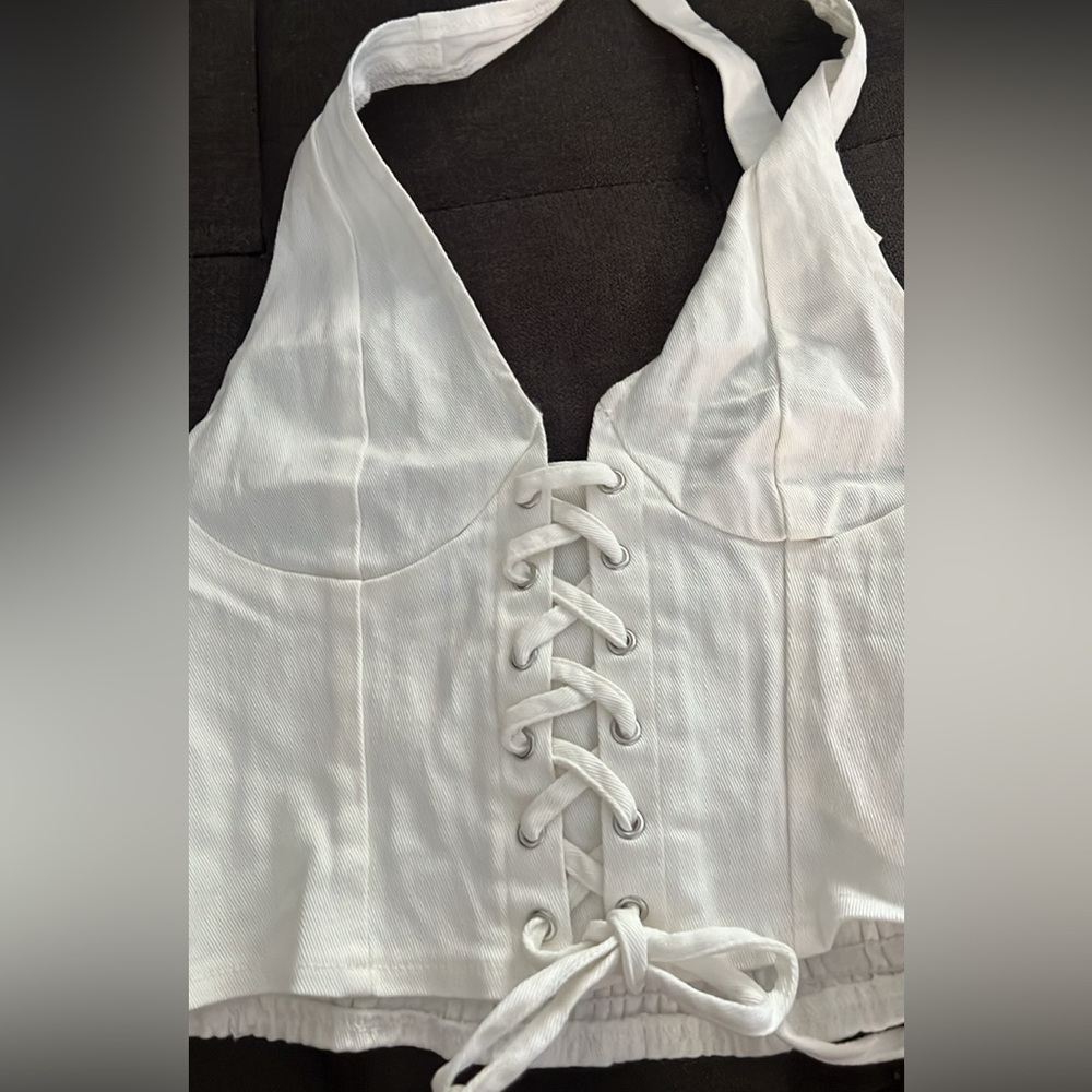 Backless Sleeveless Halter Top Lace Up Front Tie Back Deep V Neck Slim Fit Denim